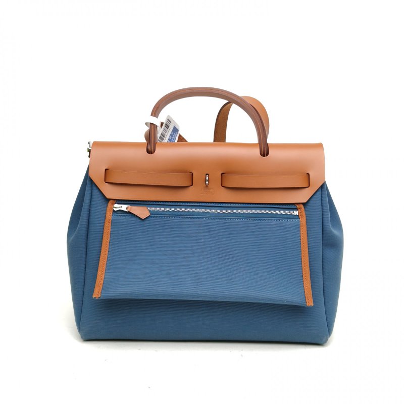 HERMES Herbag31黃褐色拼風暴藍帆布/牛皮W刻銀扣肩背包-2