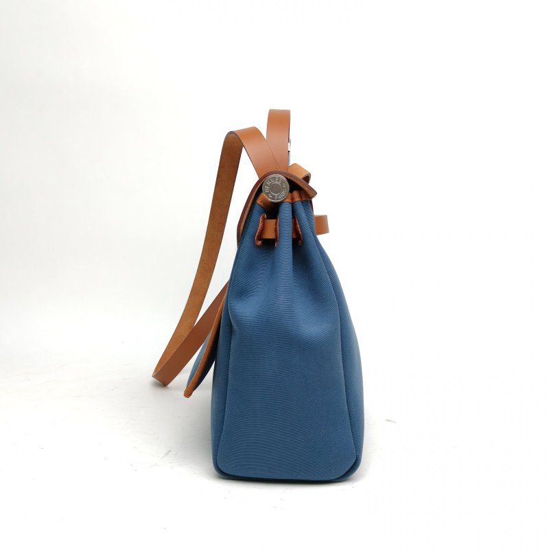 HERMES Herbag31黃褐色拼風暴藍帆布/牛皮W刻銀扣肩背包-3