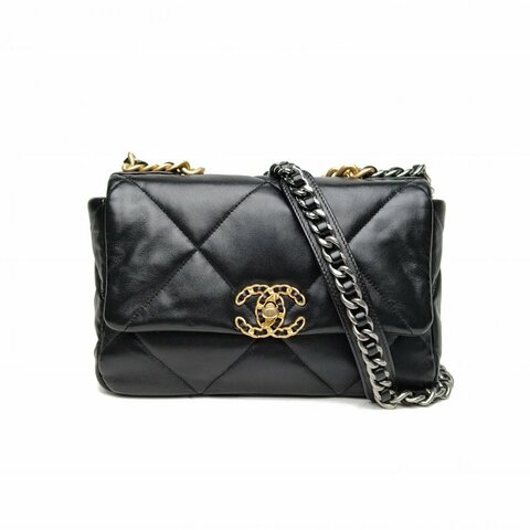 CHANEL 19BAG口蓋包小號26黑色羊皮31開金銀扣肩背包