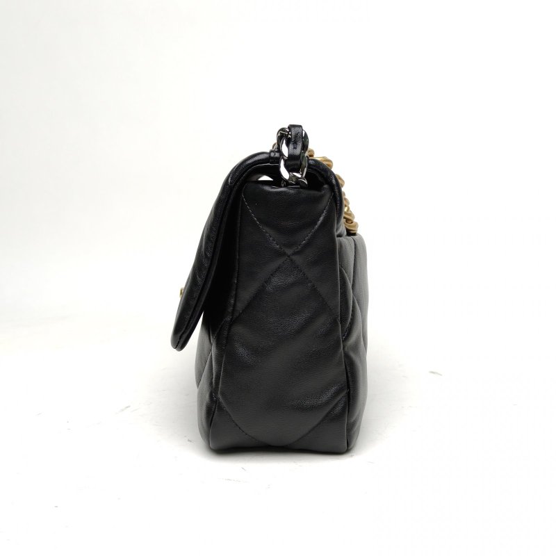CHANEL 19BAG口蓋包小號26黑色羊皮31開金銀扣肩背包-1