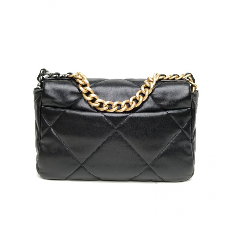 CHANEL 19BAG口蓋包小號26黑色羊皮31開金銀扣肩背包-2