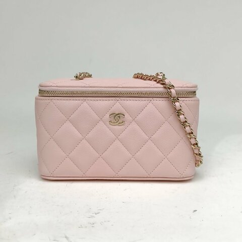 CHANEL 長盒子化妝包帶鏡子粉色荔枝牛皮鐳射標金扣肩背包