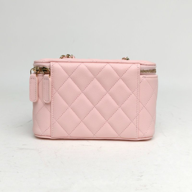 CHANEL 長盒子化妝包帶鏡子粉色荔枝牛皮鐳射標金扣肩背包-2