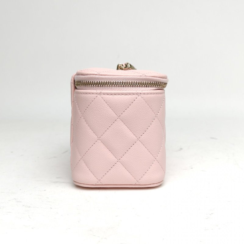 CHANEL 長盒子化妝包帶鏡子粉色荔枝牛皮鐳射標金扣肩背包-3