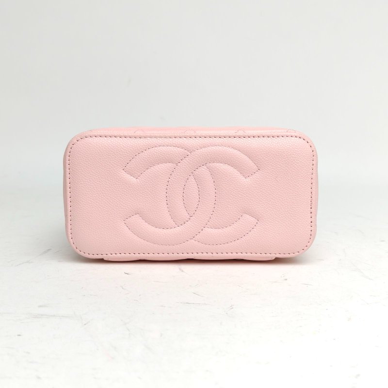 CHANEL 長盒子化妝包帶鏡子粉色荔枝牛皮鐳射標金扣肩背包-4