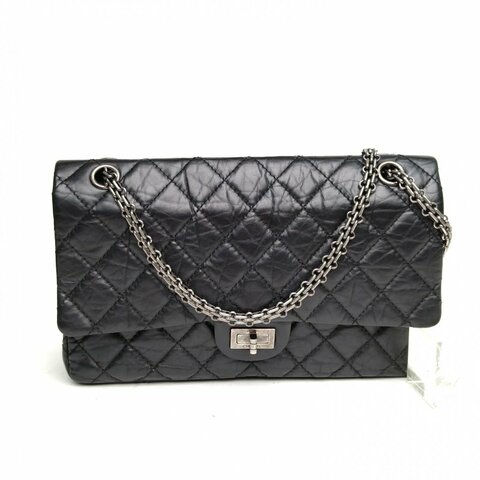 CHANEL 2.55口蓋包大號28黑色牛皮15開銀扣肩背包