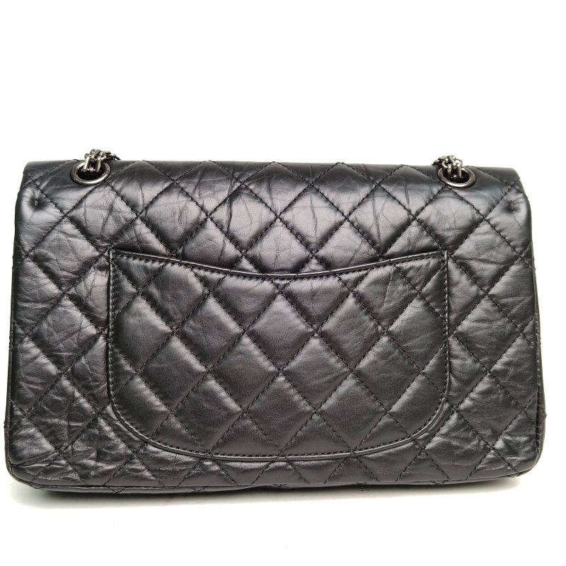 CHANEL 2.55口蓋包大號28黑色牛皮15開銀扣肩背包-2