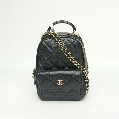 CHANEL 手提前口袋雙肩包黑色荔枝牛皮鐳射標金扣肩背包