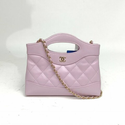 CHANEL 31BagNano橫版20.5紫色羊皮鐳射標金扣肩背包