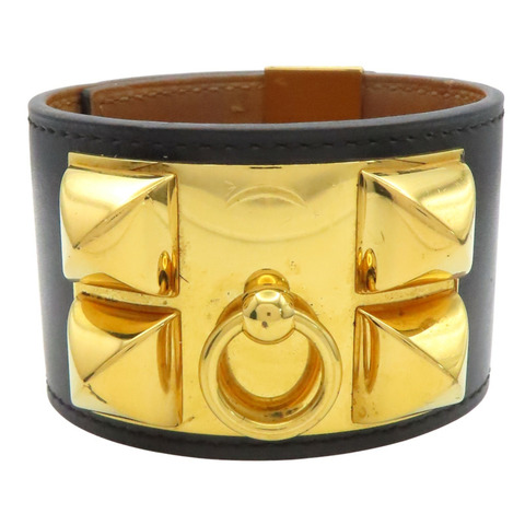黑色 牛皮 金色鍍金 Collier de Chien Disco Faubourg 手環 X刻 金釦【HERMES 愛馬仕】