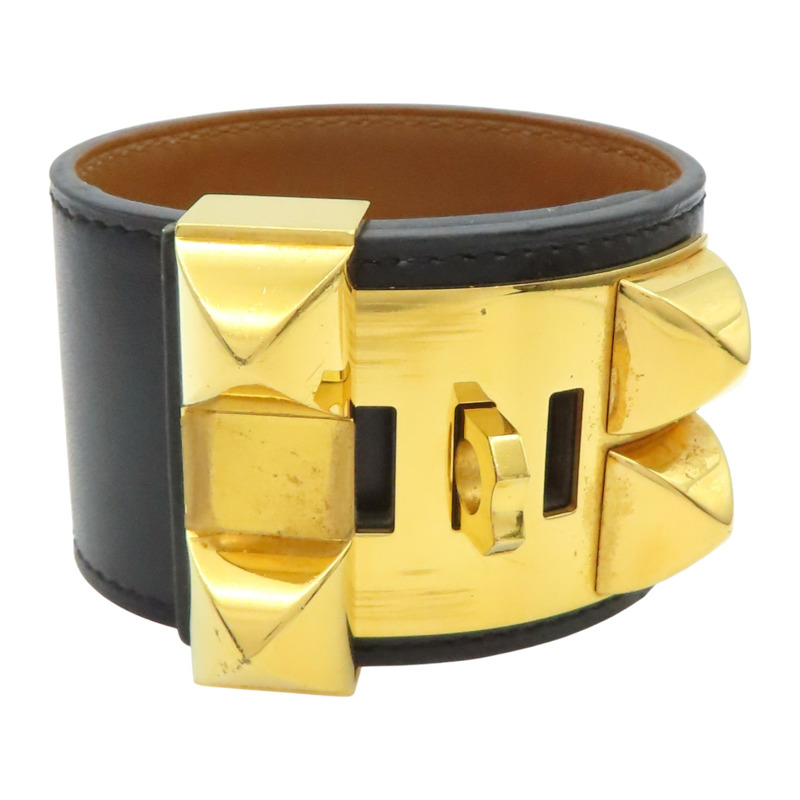 黑色 牛皮 金色鍍金 Collier de Chien Disco Faubourg 手環 X刻 金釦【HERMES 愛馬仕】-1