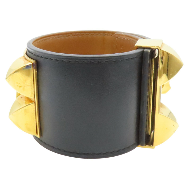 黑色 牛皮 金色鍍金 Collier de Chien Disco Faubourg 手環 X刻 金釦【HERMES 愛馬仕】-2