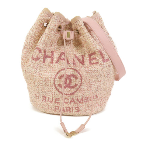 CHANEL 帆布Deauville Drawstring Bag鏈帶肩背袋