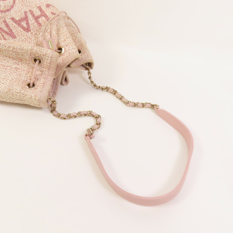 CHANEL 帆布Deauville Drawstring Bag鏈帶肩背袋-5