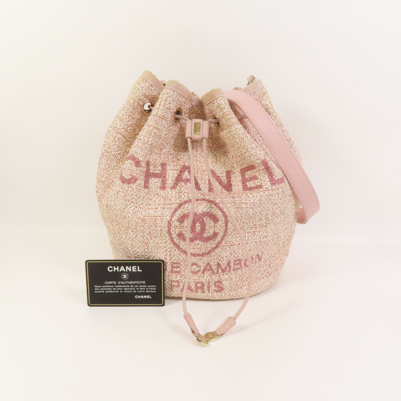 CHANEL 帆布Deauville Drawstring Bag鏈帶肩背袋-10