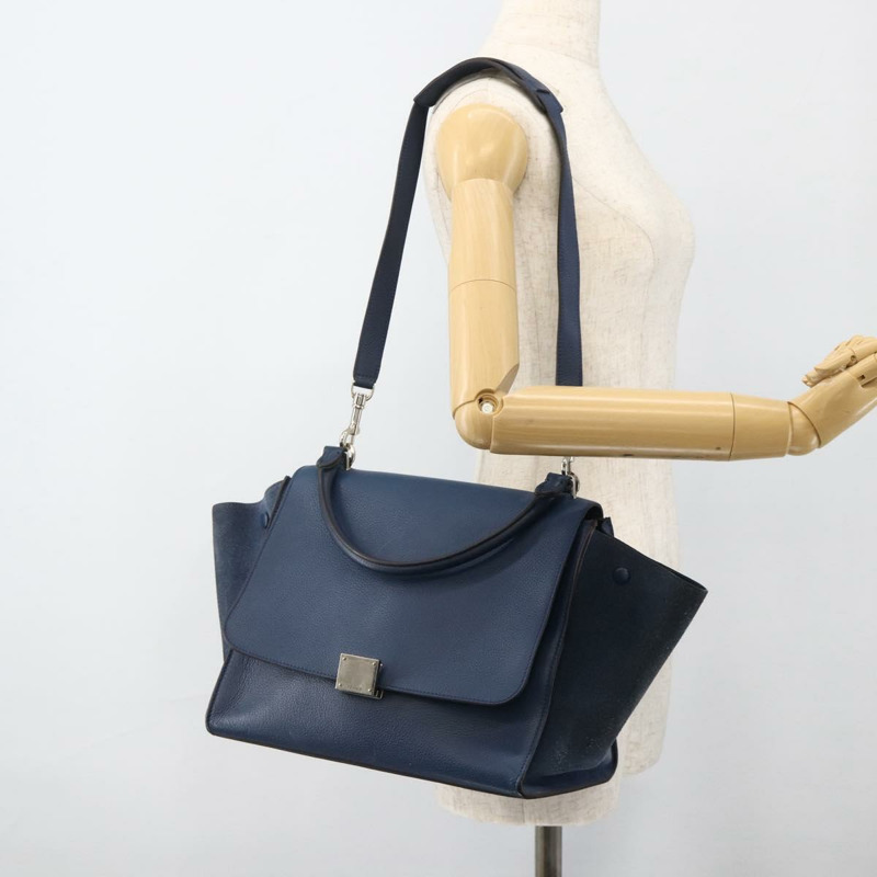 【日本直送】CELINE Trapeze 手提包 皮革 2way 藍色 銀色 正品 BA11785A-22