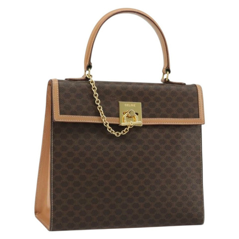 CELINE Macadam帆布手提包 PVC皮革 棕色金色 正品 INZ026A