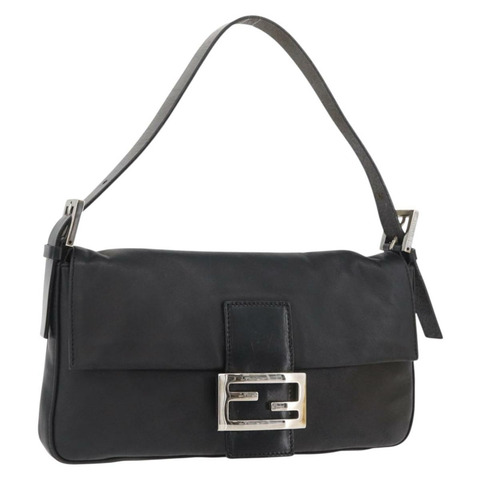 FENDI Mamma Baguette 肩背包 皮革 黑色 銀色 正品 am11278SAV