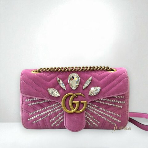 JY0374-GUCCI MARMONT 粉絲絨布復古金釦鑲寶石小號下蓋斜肩背包 443497