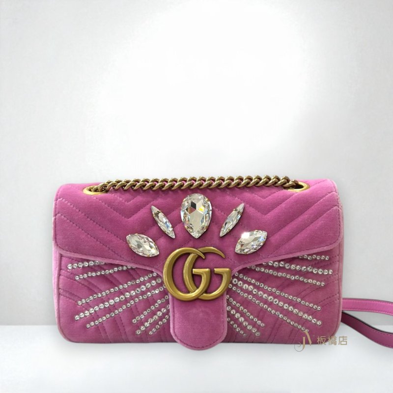 JY0374-GUCCI MARMONT 粉絲絨布復古金釦鑲寶石小號下蓋斜肩背包 443497-0