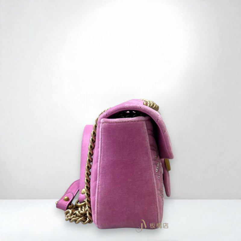 JY0374-GUCCI MARMONT 粉絲絨布復古金釦鑲寶石小號下蓋斜肩背包 443497-1