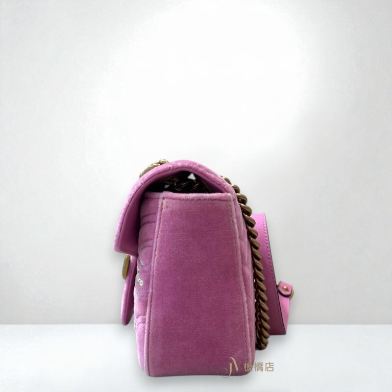 JY0374-GUCCI MARMONT 粉絲絨布復古金釦鑲寶石小號下蓋斜肩背包 443497-2