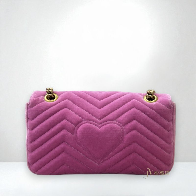 JY0374-GUCCI MARMONT 粉絲絨布復古金釦鑲寶石小號下蓋斜肩背包 443497-3