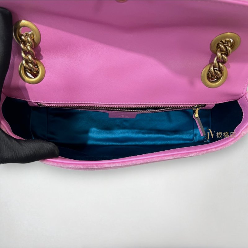JY0374-GUCCI MARMONT 粉絲絨布復古金釦鑲寶石小號下蓋斜肩背包 443497-5