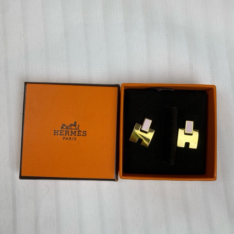Hermes 愛馬仕經典H耳環 粉紅色拼金色H-0