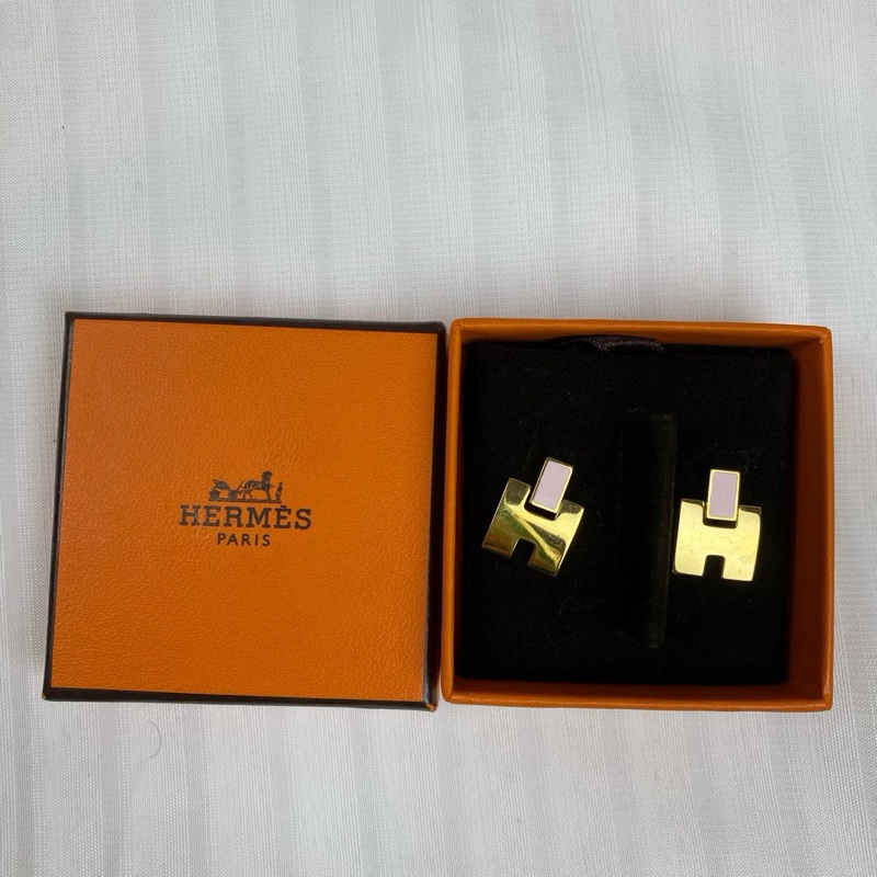 Hermes 愛馬仕經典H耳環 粉紅色拼金色H-1