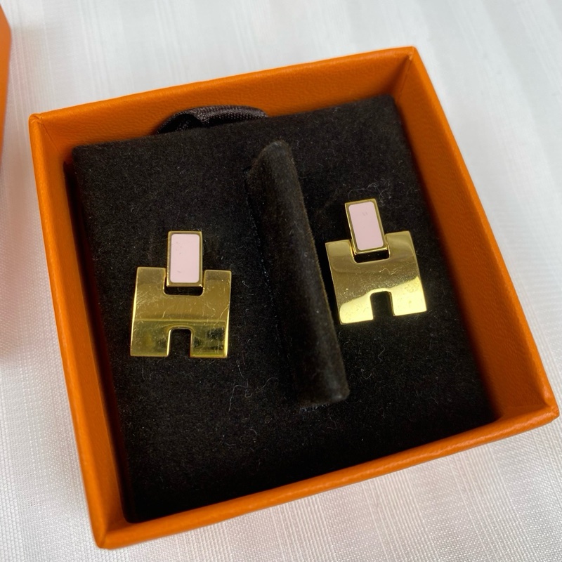 Hermes 愛馬仕經典H耳環 粉紅色拼金色H-2
