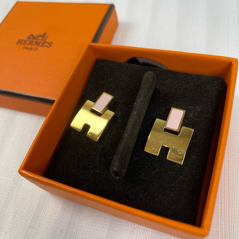 Hermes 愛馬仕經典H耳環 粉紅色拼金色H-3