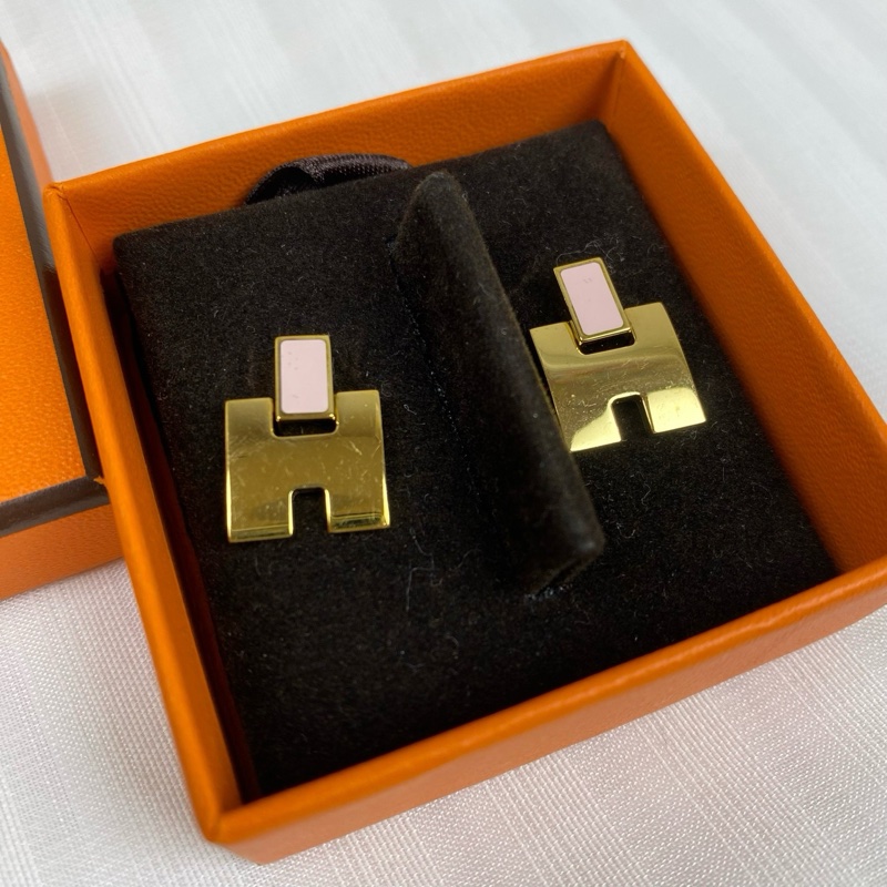 Hermes 愛馬仕經典H耳環 粉紅色拼金色H-4