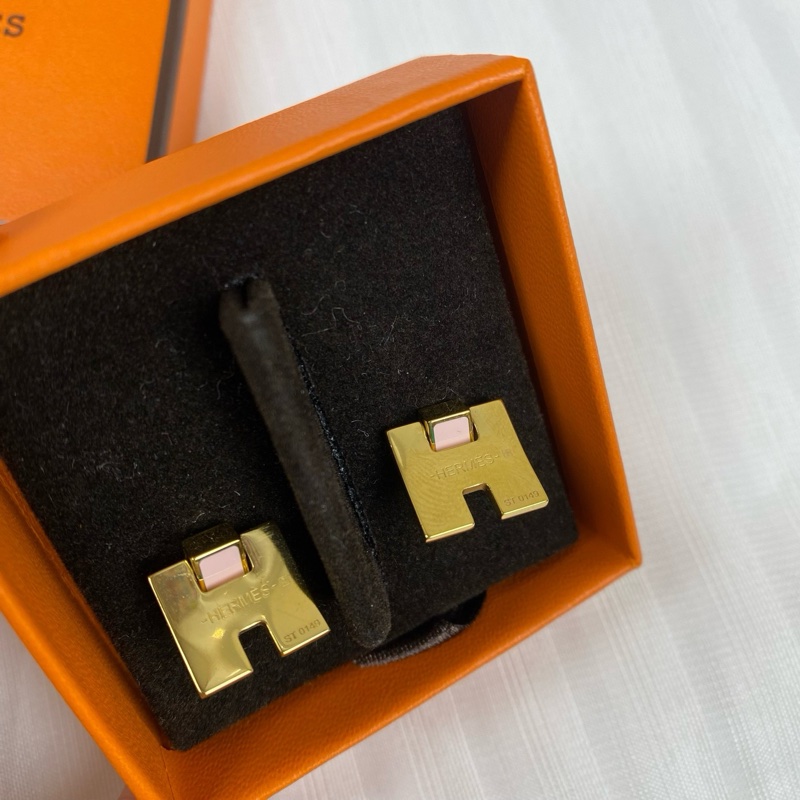 Hermes 愛馬仕經典H耳環 粉紅色拼金色H-5