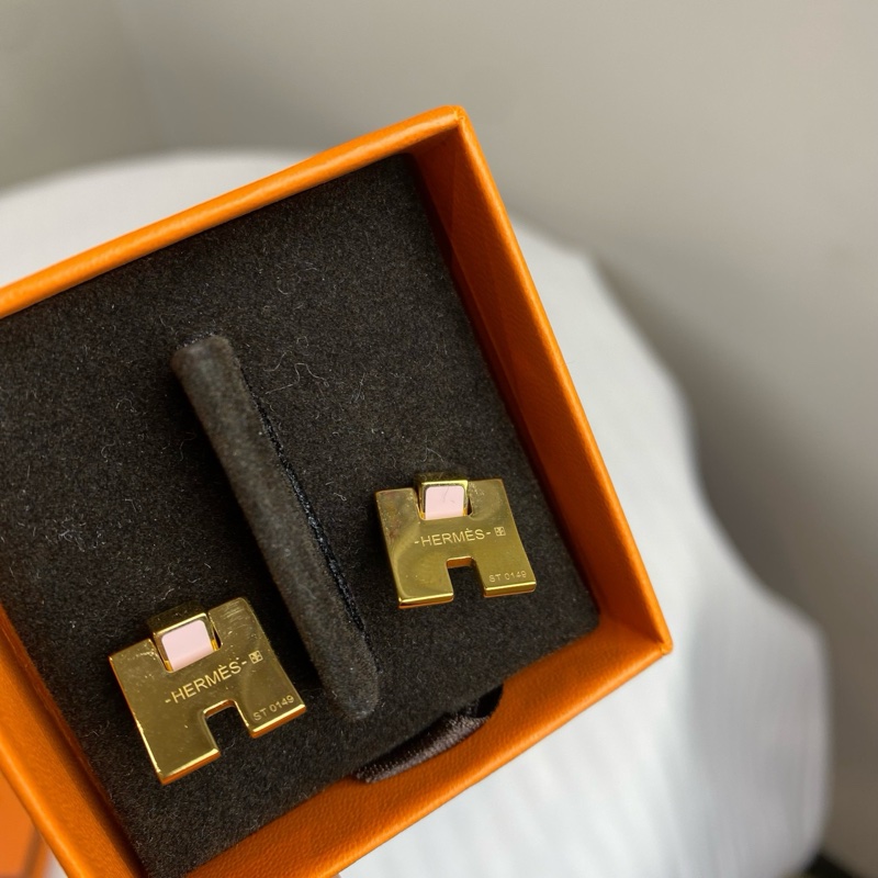 Hermes 愛馬仕經典H耳環 粉紅色拼金色H-6