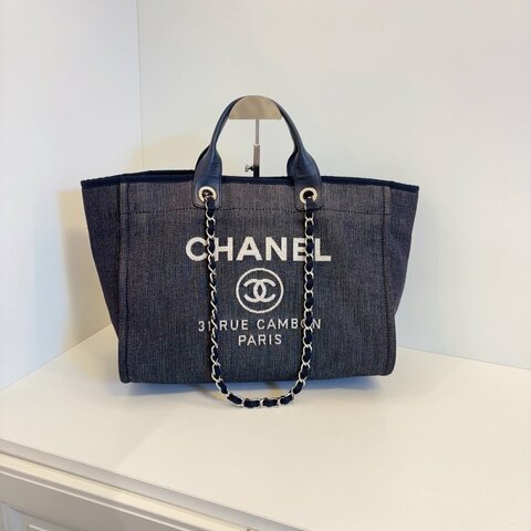 香奈兒/Chanel 牛仔藍沙灘包 帆佈拼牛皮鏈條包