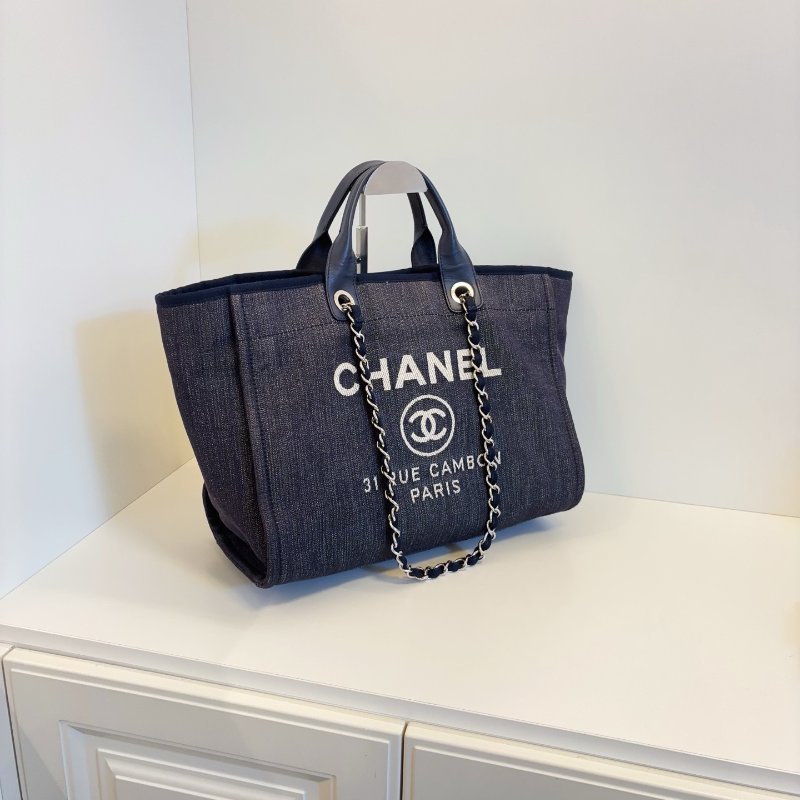 香奈兒/Chanel 牛仔藍沙灘包 帆佈拼牛皮鏈條包-2