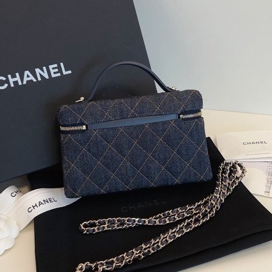 近新品 香奈兒/Chanel 新款單寧Lp盒子包 深藍色牛仔橙色縫線 手擰斜背包-1