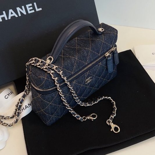近新品 香奈兒/Chanel 新款單寧Lp盒子包 深藍色牛仔橙色縫線 手擰斜背包-2