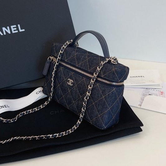 近新品 香奈兒/Chanel 新款單寧Lp盒子包 深藍色牛仔橙色縫線 手擰斜背包-3