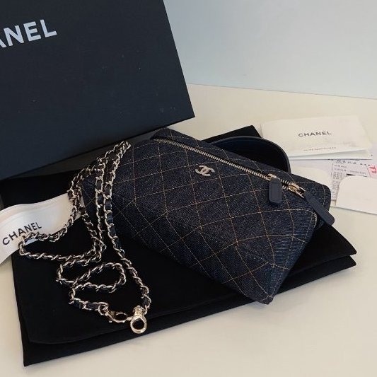 近新品 香奈兒/Chanel 新款單寧Lp盒子包 深藍色牛仔橙色縫線 手擰斜背包-4