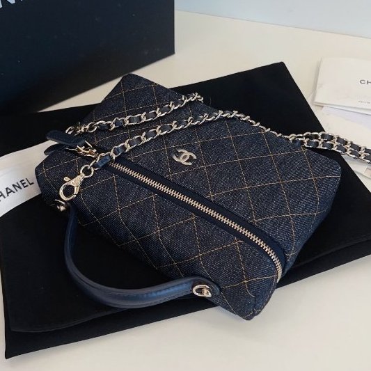 近新品 香奈兒/Chanel 新款單寧Lp盒子包 深藍色牛仔橙色縫線 手擰斜背包-5