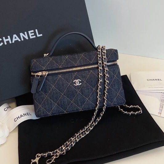 近新品 香奈兒/Chanel 新款單寧Lp盒子包 深藍色牛仔橙色縫線 手擰斜背包-6