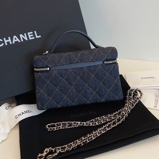 近新品 香奈兒/Chanel 新款單寧Lp盒子包 深藍色牛仔橙色縫線 手擰斜背包-7