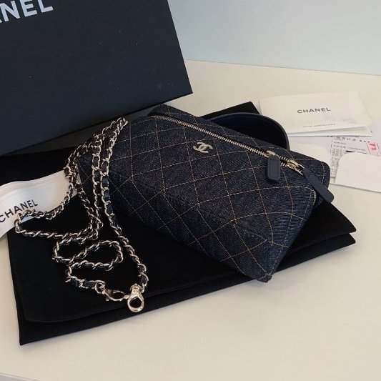 近新品 香奈兒/Chanel 新款單寧Lp盒子包 深藍色牛仔橙色縫線 手擰斜背包-8