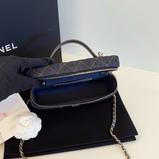 近新品 香奈兒/Chanel 新款單寧Lp盒子包 深藍色牛仔橙色縫線 手擰斜背包-9