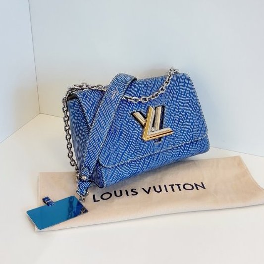 近新品 路易威登/Louis Vuitton Twist 中號牛仔藍水波紋 金銀鴛鴦雙色logo鏈條包 鏡子帶膜-2