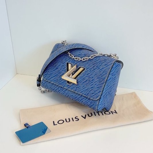 近新品 路易威登/Louis Vuitton Twist 中號牛仔藍水波紋 金銀鴛鴦雙色logo鏈條包 鏡子帶膜-3