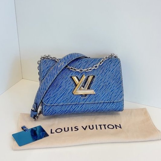 近新品 路易威登/Louis Vuitton Twist 中號牛仔藍水波紋 金銀鴛鴦雙色logo鏈條包 鏡子帶膜-5