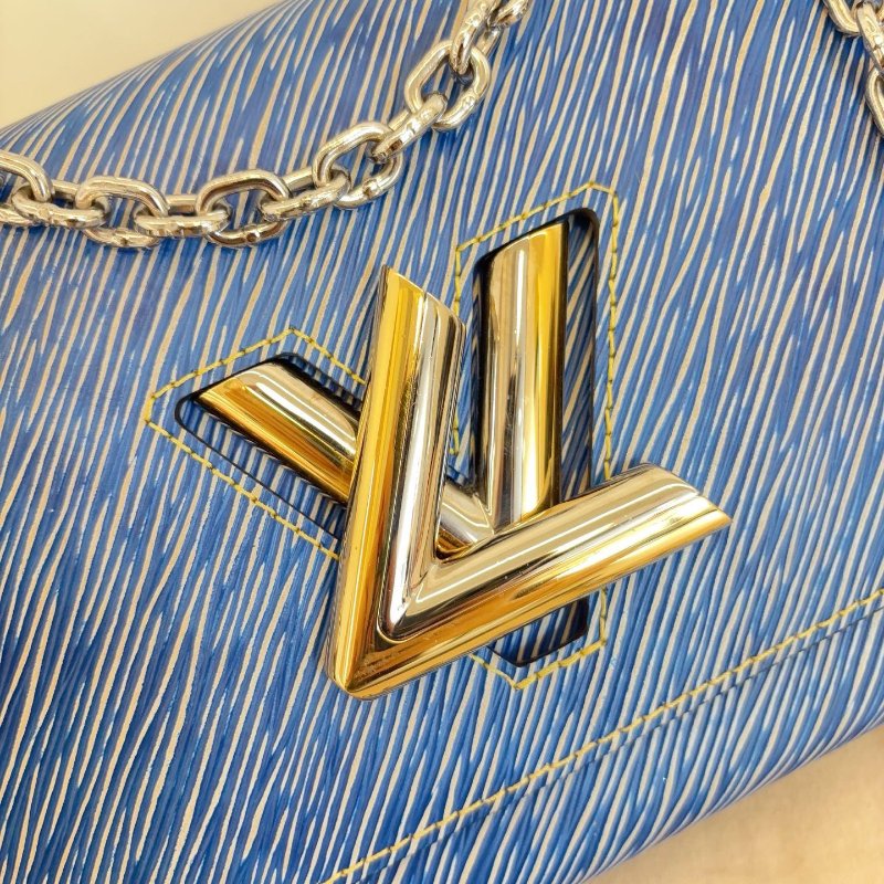 近新品 路易威登/Louis Vuitton Twist 中號牛仔藍水波紋 金銀鴛鴦雙色logo鏈條包 鏡子帶膜-9